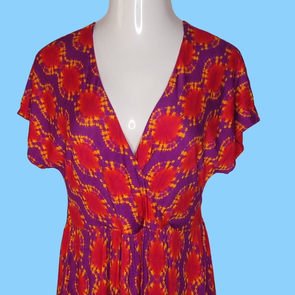 Soft Surroundings Womens Tie-Dye Dress S Purple Orange V-Neck Flutter Sleeve